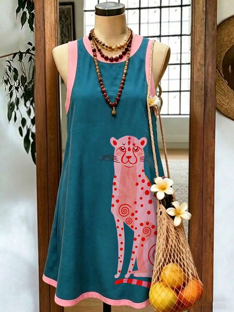 Plus Size Women's Casual Resort Beach Leopard Print Color-Block Trim Tank Dress Plus Size Women's Beachwear - Multicolor - View 1