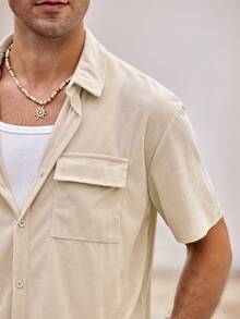 New Summer Men's Solid Color Multi-Pocket Button Shirt + Drawstring Shorts Set, Vacation Casual Sports Daily Basic Outfit, 2 Pieces Set, Cozy Outfits - Beige - View 7