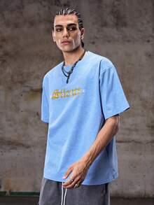 Skyrend Camiseta de manga corta con estampado gráfico lavado, estilo retro estadounidense de streetwear para hombres, cómoda y transpirable, adecuada para el verano, de moda - Celeste - Ver 5