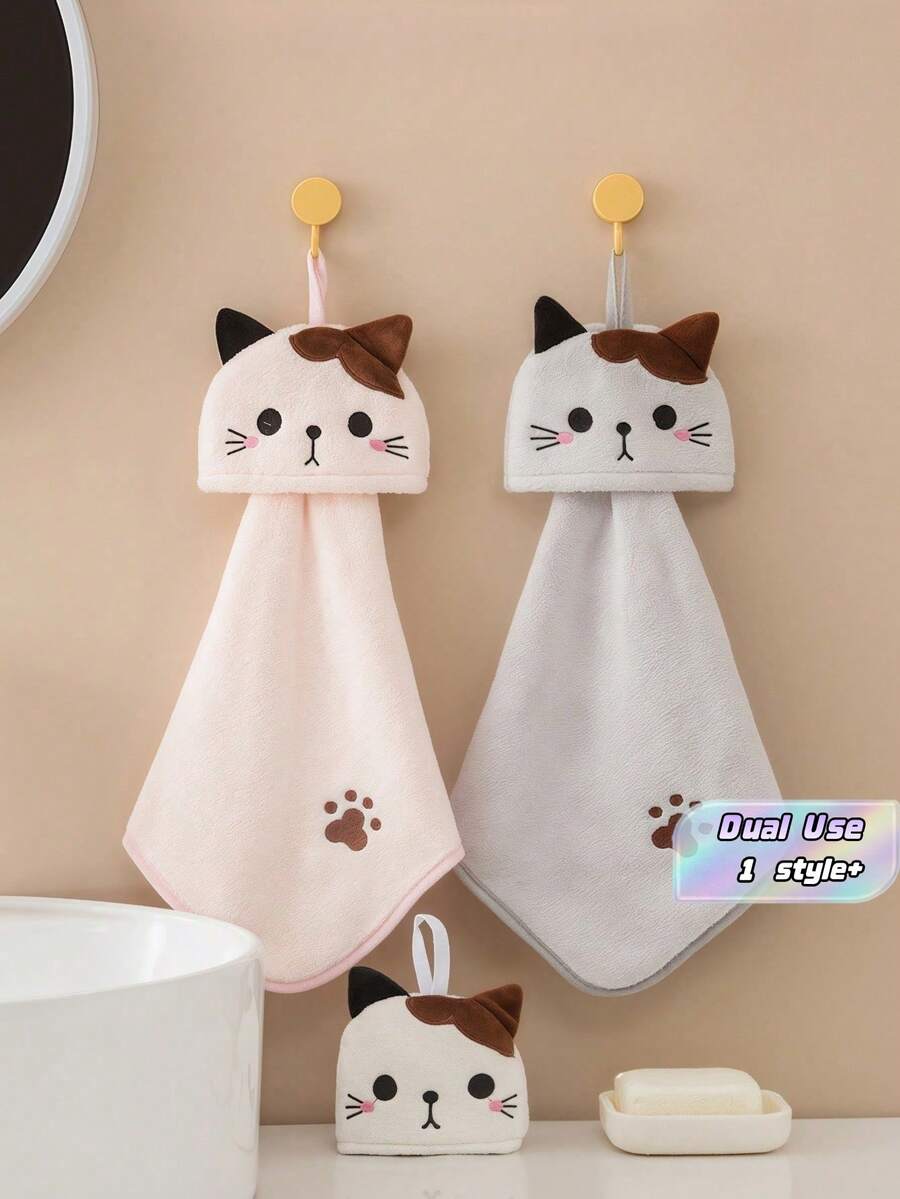 1 件可爱卡通猫手巾 - 柔软珊瑚绒口袋巾，适用于浴室和厨房 - 吸水两用擦拭巾家居浴室装饰夏季 - 灰色 - 查看 1