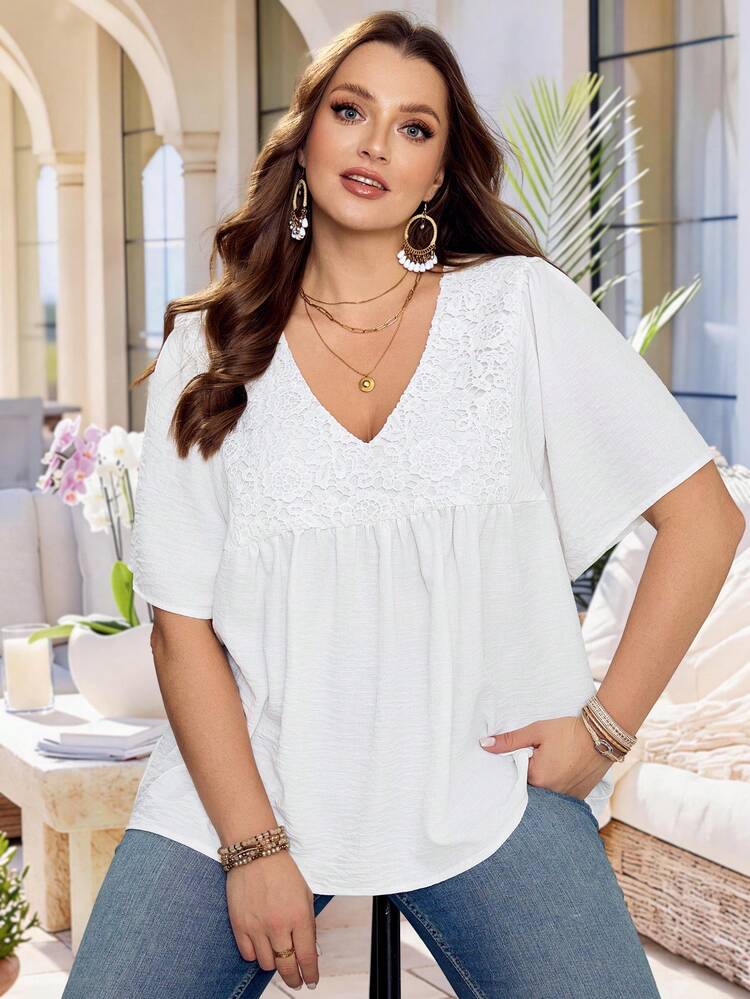 Plus Size Women Summer Casual Vacation Loose V-Neck Lace Patchwork White Blouse