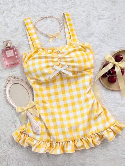 Glimmora This Sweet And Adorable Fairytale-Style Y2K Casual Slim-Fit Cropped Top Is Perfect For Women, Featuring Plaid Details And Cute Bow Embellishments. The Overall Look Is Sweet And Innocent, Making It An Ideal Gift For Friends Or For Everyday Wear.