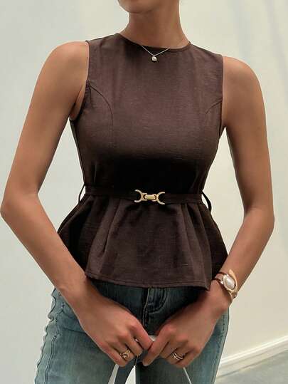 DAZY Áo vest nữ không tay cổ tròn màu trơn