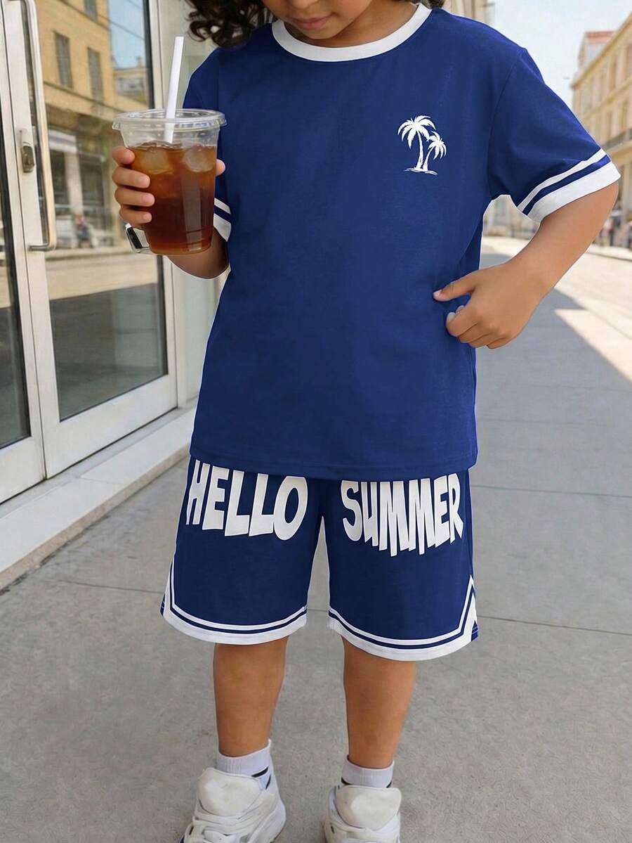 Coolqubz 两件套青少年夏季短袖短裤套装,时尚针织网布数字条纹印花,休闲日常运动校园风户外通勤青少年服装 - 藏蓝色 - 查看 1