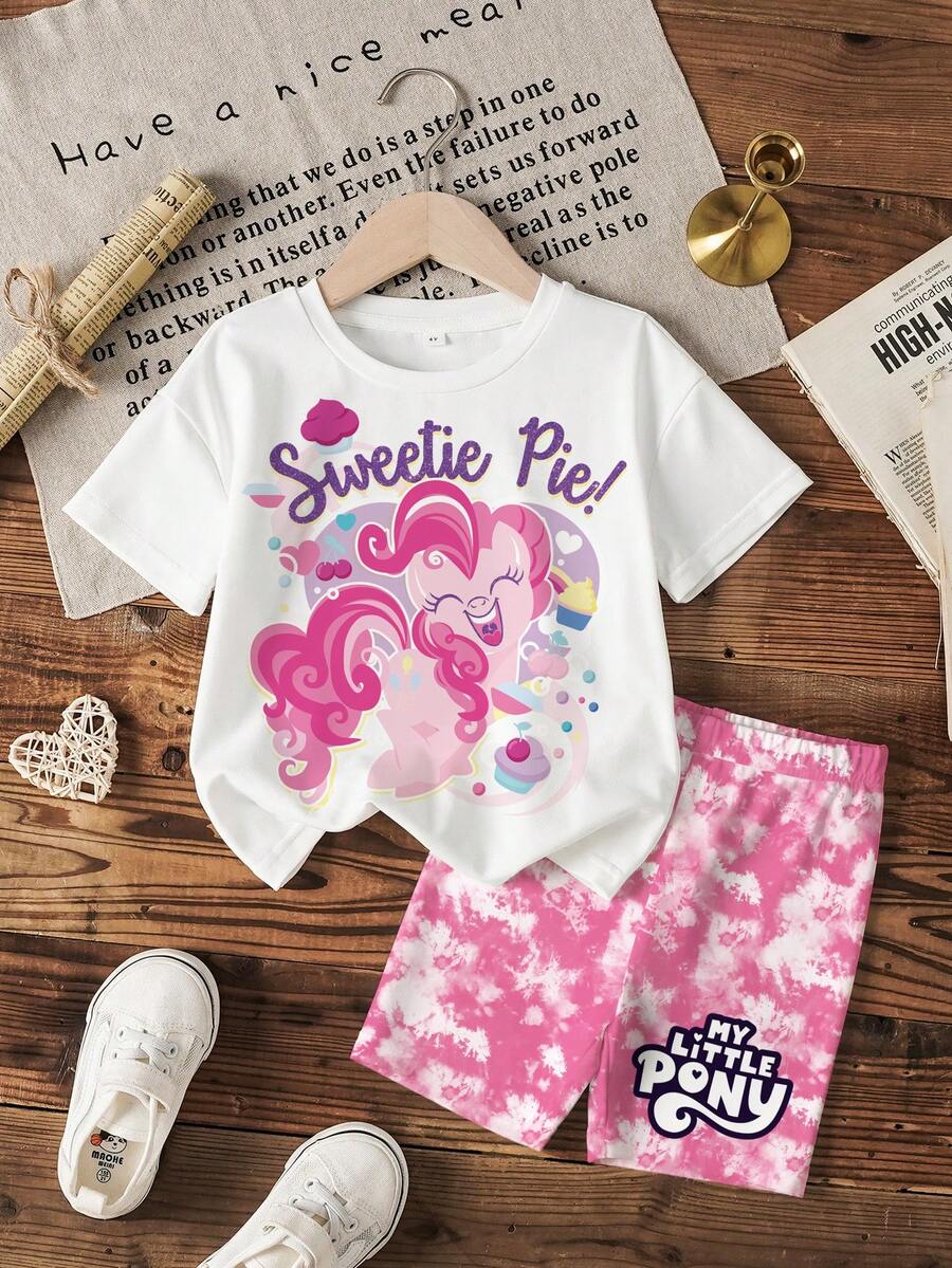 My Little Pony X SHEIN 少女卡通印花T恤和扎染印花短裤套装 - 白色 - 查看 1