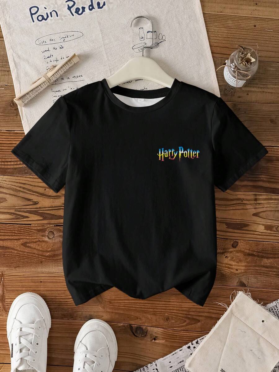 HARRY POTTER X SHEIN Áo thun in chữ phong cách thường ngày cho bé gái tuổi teen, thích hợp cho mùa hè. - màu đen - Xem 1