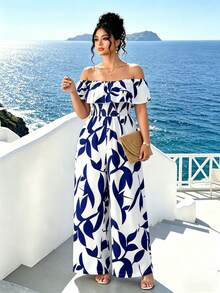 Plus Size Women Floral Print Off-Shoulder Ruffle Jumpsuit - Multicolor - View 4