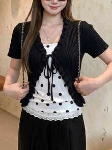 Tideelle Áo khoác cardigan dệt kim kiểu Hàn Quốc tối giản màu đen, thắt nơ phía trước, áo crop top ngắn tay ôm sát gợi cảm dành cho mùa hè. - màu đen - Xem 4