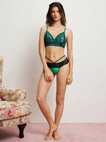 Elorette Olive Green Underwire Lace Patchwork Bra, Supportive, Sheer, Romantic French Style Ladies Lingerie - Dark Green - View 3