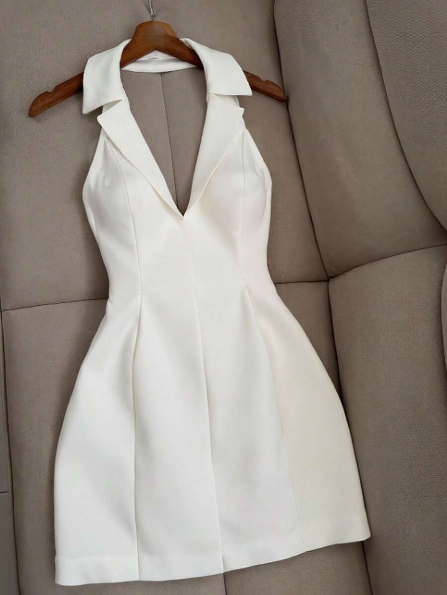 Franclia Women's Solid Color V-Neck Halter Dress, Minimalist Style - White - View 1