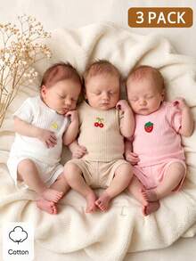 SHEIN Newborn Unisex Baby Apparel Pure Cotton Clothing 3 PiecesBundle Pink Summer Casual Cute Family Matching Textured Fruit Embroidery Infant Clothes Ootd - Multicolor - View 4