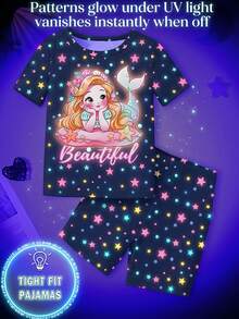1 Set Young Girls Glow-In-The-Dark Mermaid Print Tight Fit Short Sleeve Top And Shorts Pajama Set - Navy Blue - View 4