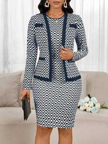 SHEIN Lady 2pcs Women Elegant Commuter Geometric Print Jacket And Dress Set 2 Piece Dress Set Blazer Skirt Set 2 Piece Sets Woman Classy Skirt Suits For Woman - Navy Blue - View 5
