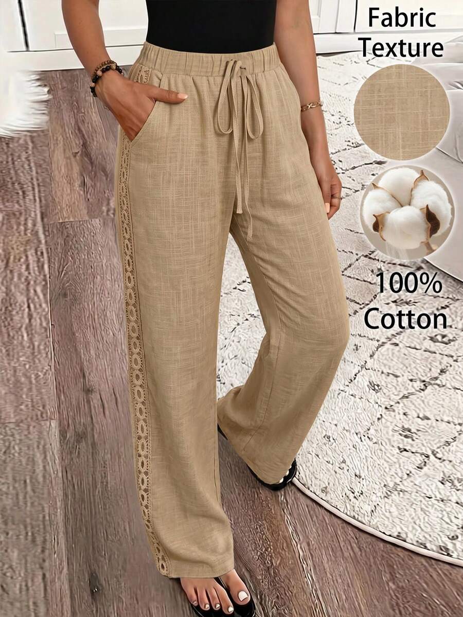 Louniche Women's Casual Blue Drape Pants, Suitable For Commuting, Leisure And Daily Wear, Floral Trim Solid Color Cotton Blend Long Pants, Spring/Summer - Khaki - View 1