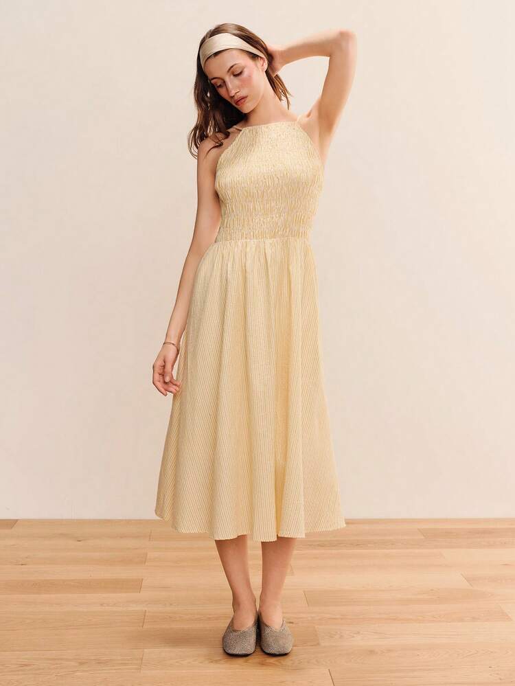 Vestido midi con rayas amarillas, escote cuadrado, parte superior fruncida y falda en línea A. Vestido primaveral y veraniego lindo, vestido amarillo lindo, atuendo casual de vacaciones, vestido de estilo francés