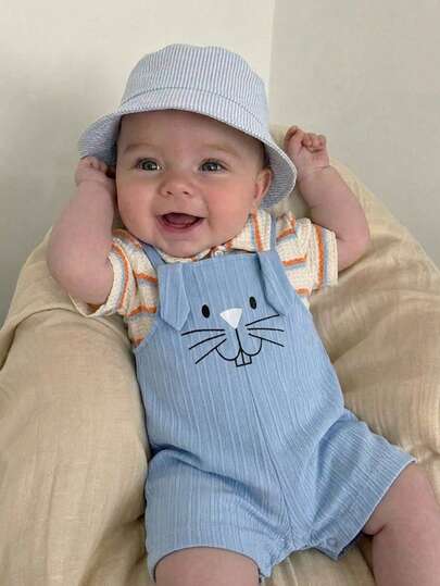 Bộ quần áo 2 mảnh cho bé gái sơ sinh, kiểu dáng thường ngày, dễ thương, phong cách nghỉ lễ, chất liệu dệt kim, kẻ sọc nhiều màu sắc, áo thun ngắn tay và áo liền quần họa tiết thỏ hoạt hình màu xanh dương.