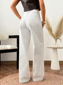 Women's White High Waist Wide Leg Jeans Loose Fit Straight Denim Pants - White - View 2