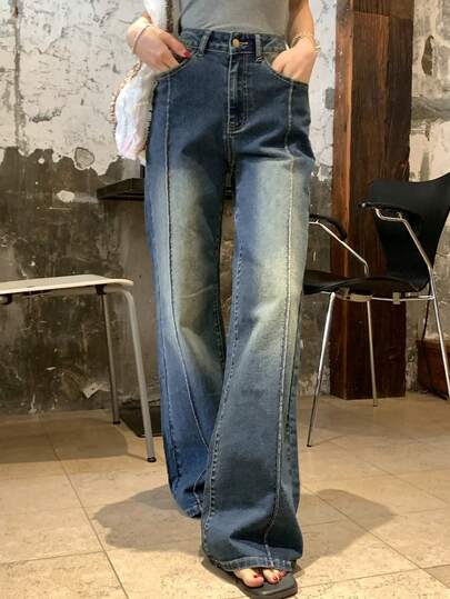 DAZY Jeans de pierna acampanada con costuras lavadas para uso diario y casual de la mujer