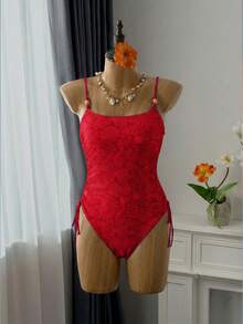 SHEIN Swim Áo tắm liền thân nữ đi biển, in họa tiết toàn thân, có dây rút bên hông. - Đỏ - Xem 2