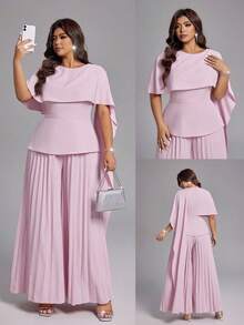 Viva Relle Bộ jumpsuit màu hồng nhạt sang trọng dành cho nữ cỡ lớn, kiểu dáng dự tiệc mùa xuân/hè mới, vai áo choàng bất đối xứng, eo thắt, quần ống rộng. Thích hợp cho các buổi dạ tiệc cao cấp, đám cưới, sự kiện thảm đỏ, thời trang dự tiệc sang trọng. - Hồng - Xem 1