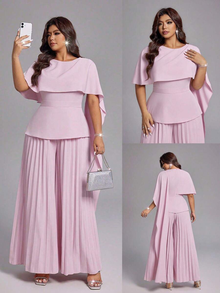 Viva Relle Bộ jumpsuit màu hồng nhạt sang trọng dành cho nữ cỡ lớn, kiểu dáng dự tiệc mùa xuân/hè mới, vai áo choàng bất đối xứng, eo thắt, quần ống rộng. Thích hợp cho các buổi dạ tiệc cao cấp, đám cưới, sự kiện thảm đỏ, thời trang dự tiệc sang trọng. - Hồng - Xem 1