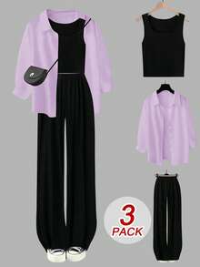 Sweetra Plus Size 3 Pieces Set: Camisole, Wide Leg Pants, Colorblock White Shirt, Casual Loungewear For Autumn/Winter - Multicolor - View 1