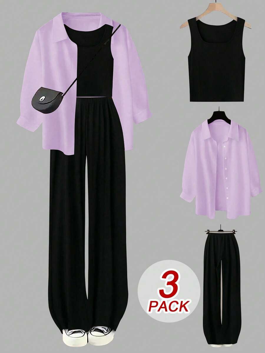 Sweetra Plus Size 3 Pieces Set: Camisole, Wide Leg Pants, Colorblock White Shirt, Casual Loungewear For Autumn/Winter - Multicolor - View 1