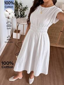 EMERY ROSE Đầm nữ màu trơn cổ tròn tay ngắn, eo nhún bèo, kiểu dáng thường ngày. - trắng - Xem 5