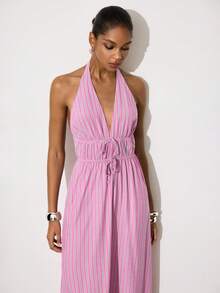 Maija Vestido de mujer con cuello de halter y corbata, de estilo versátil y con rayas - Multicolor - Ver 1