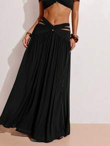 SHEIN BAE Chân váy maxi nữ kiểu dáng bất đối xứng, trang trí kim loại, thích hợp cho các dịp nghỉ dưỡng, ngày Valentine, lễ hội âm nhạc, tụ họp bạn bè, màu đỏ nâu, đi biển. - màu đen - Xem 3