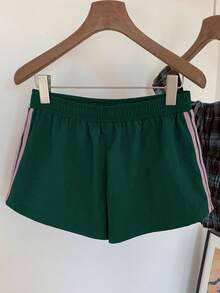 Comfortcana Quần short nữ cạp chun kẻ sọc dáng rộng, thích hợp cho mùa hè, mùa đông, Giáng sinh, Tết Nguyên đán Y2K, đi chơi và chơi thể thao, quần short màu xanh ô liu Y2K. - Màu xanh lá cây đậm - Xem 6