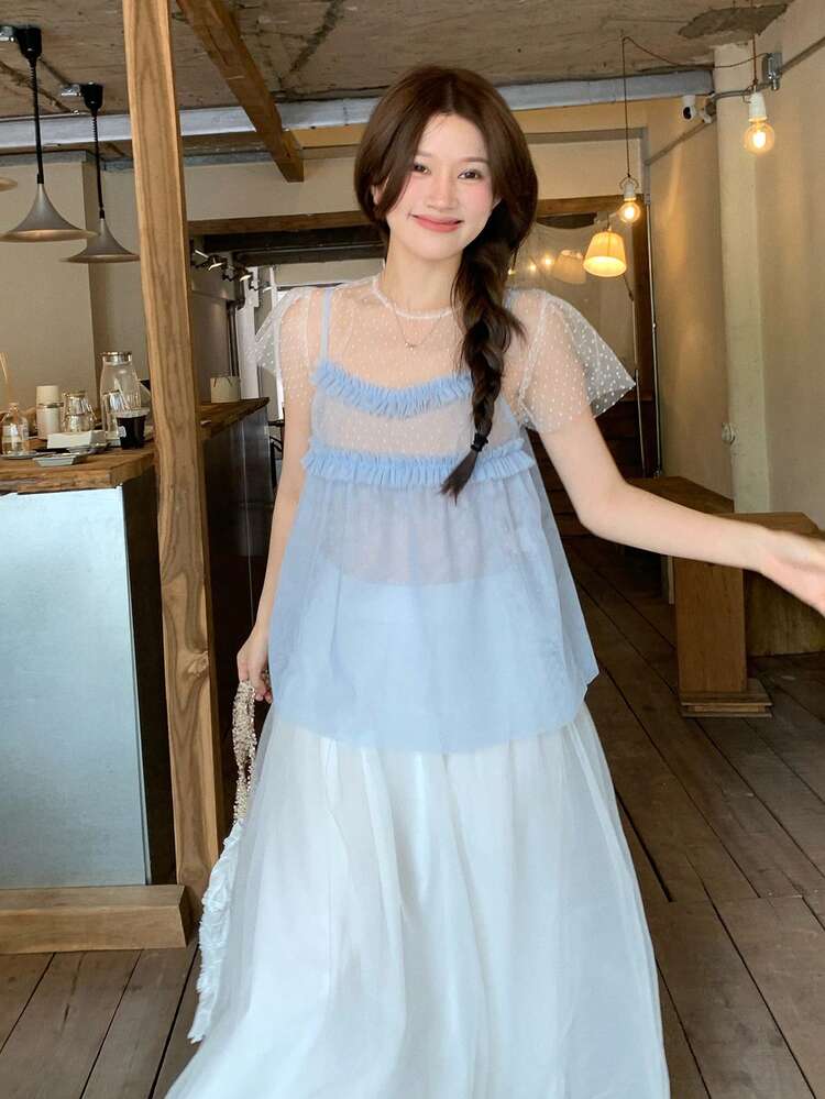 Women's Polka Dot Korean Style Fresh And Youthful Short Sleeve Shirt 2 Pieces Set, Spring/Summer
