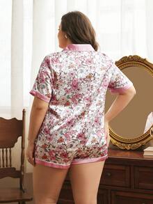 Côtesoire Solid Color Trim Rabbit Print Interesting Lively Cute Lapel Cardigan Plus Size Women Pajama Set Nighties Summer - Multicolor - View 2