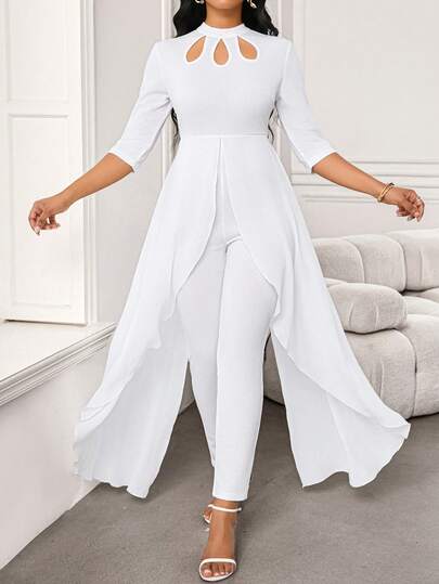SHEIN Lady Women's Fashionable Elegant White Petal Collar Hollow Out Design Short Sleeved Jumpsuit With Asymmetrical Leaf Hem