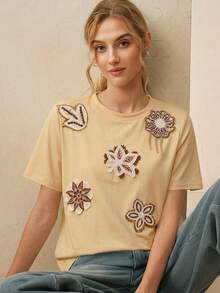Anewsta Sequin Applique Bubble Bead Decor Round Neck Short Sleeve T-Shirt, Summer - Khaki - View 7
