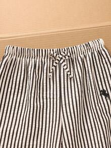 SHEIN 女童简约休闲奢华马纹印花套装，半扣短袖T恤+黑白条纹阔腿裤两件套，春夏日常穿着 - 黑色 - 查看 7