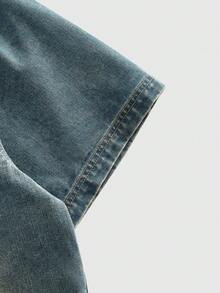 ROMWE MEN Grunge Punk Washed Vintage Denim Shirt For Men, Loose Casual Turn-Down Collar Short Sleeve Jacket, Summer New Arrival - Blue - View 4