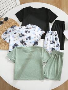 SHEIN 6pcs/Set Kids Summer Casual Outfit,Round Neck Short Sleeve T-Shirt With Cartoon Print And Shorts,White Beach Holiday Vacation Wear Outdoor Play Set - Multicolor - View 2