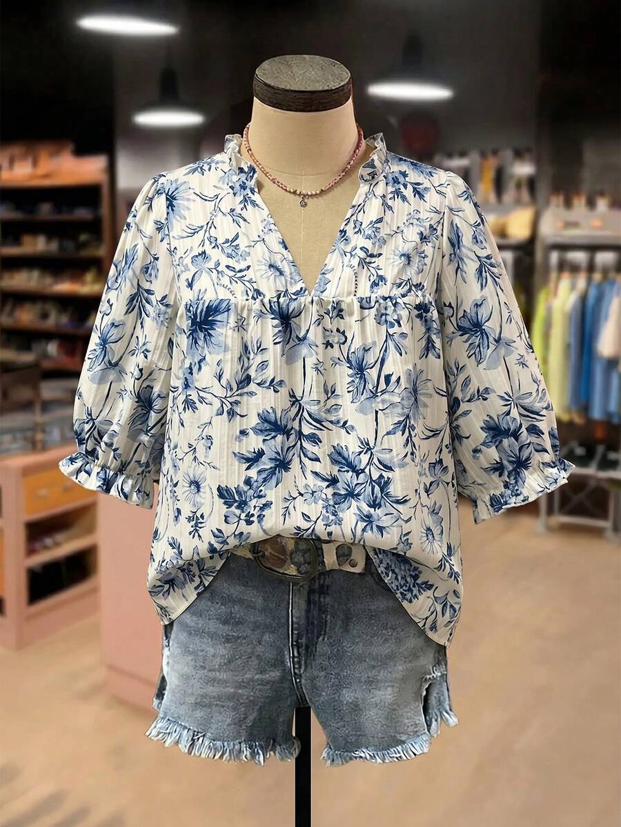 Linhara Plus Size Women Casual Bohemian Everyday Vacation Beach Commute Blue And White Blouse, Autumn Holiday - Multicolor - View 1