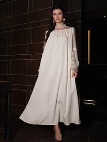 SHEIN Najma Women's Arabic Style Dress With Round Neck, Mesh Patchwork & Flared Sleeves - Apricot - View 5