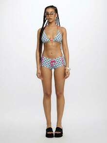SUMWON WOMEN Bow Detail Polka Dot Triangle Bikini Set Mint Green Hot Pink Summer Beach Swimwear Halter Top String Bottom Two Piece - Blue - View 3