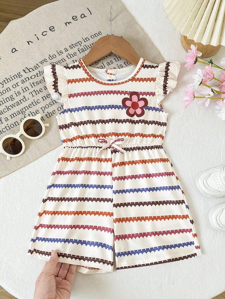 SHEIN Playful Pals Bộ áo liền quần kẻ sọc kiểu dáng thường ngày cho bé gái, mùa xuân/hè. - Nhiều màu - Xem 1