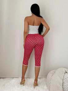 SHEIN SXY 女士波点印花蕾丝边七分裤 - 紅白色 - 查看 3