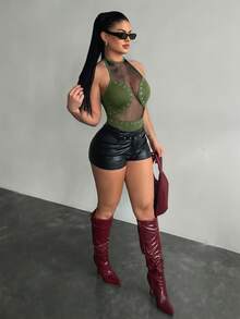 Radiana Women's Summer Army Green Mesh Patchwork Knit Bodysuit,Metal Rivet Decor Fitted Sheer Top,Y2K Streetwear For Concert,Rave,Party,Nightclub&Holiday - Army Green - View 8