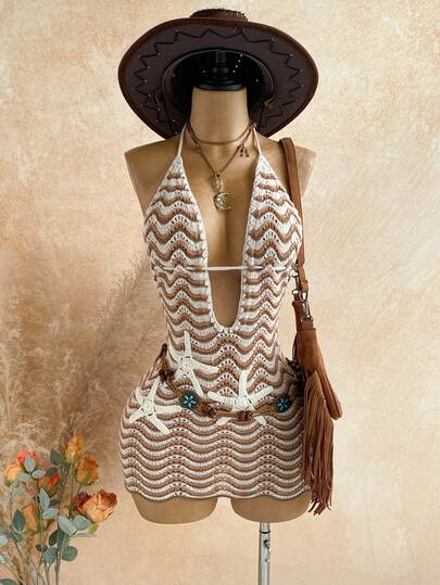 Soleia Vestido mini de punto con escote en V, ajustado, decoración de estrella de mar, lazo halter, para vacaciones románticas de mujer. Casual, cita, té de la tarde, playa, crucero, viaje por carretera, festival de música, fiesta, estilo bohemio, hippie, western. Se puede usar dentro o fuera, adecuado para todas las estaciones.