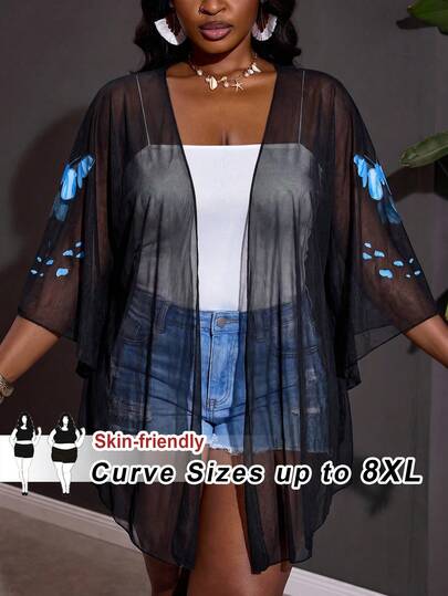 SHEIN CURVE+ Áo khoác cardigan nữ dáng suông US22, thích hợp cho lễ hội âm nhạc, kỳ nghỉ bên bờ biển, phong cách bohemian, thích hợp cho kỳ nghỉ/mùa hè/đi biển.