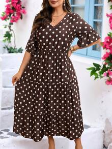 EMERY ROSE Vestido Elegante de Manga Curta com Decote em V e Bolinhas para Mulheres Plus Size - Multicolorido - Visão 6