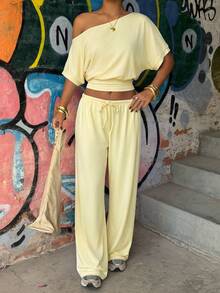 Muchica Women's Summer Pale Yellow 2 Pieces Set,Asymmetric Collar Short Sleeve Top & Knotted Long Pants Casual Loungewear,Travel Vacation Outfit Occasion Set - Pale Yellow - View 3