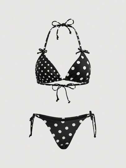  SHEIN MOD Women's Summer Beach Polka Dot Twist Design Tankini Top And Triangle Bikini Bottom 2-Piece Swimsuit Set, Summer, Festival Outfits, Beach Vacation Outfits For Women, Holiday Outfits, Casual, Polka Dot Bikini, Chic Polka Dot Two Piece Swimsuit Women's Ruffle Hem Off Shoulder Bikini Top And Bottoms Beach Vacation Outfits For Women