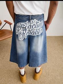 GALLERY FADE Men's Mid-Blue Casual Street Letter Print Denim Capri Pants - Medium Wash - View 6